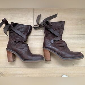 Brown Leather Heeled Boots with wrap and bow details size 8
